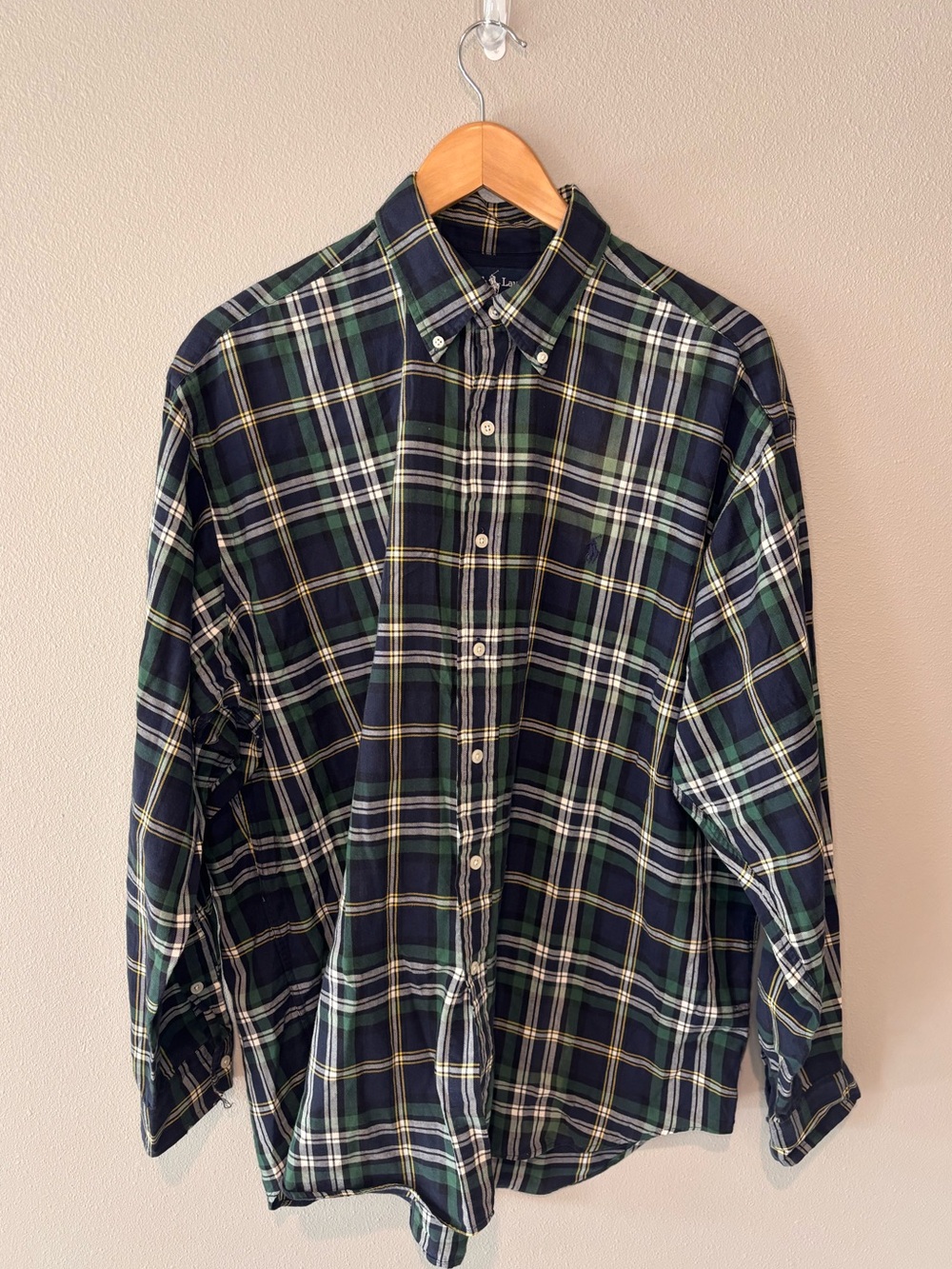 RALPH LAUREN Green & Navy Plaid Button-Down Blaire Shirt 100% Cotton‎ Large